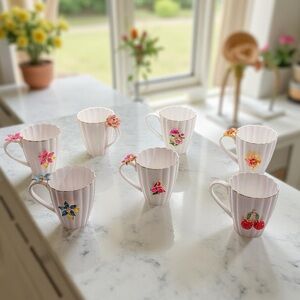 Set‎ of 7 Handmade Floral Mugs (one of a kind designs)